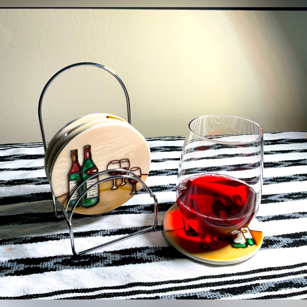 Wine Themed Ceramic Coasters, set of 4 with stand